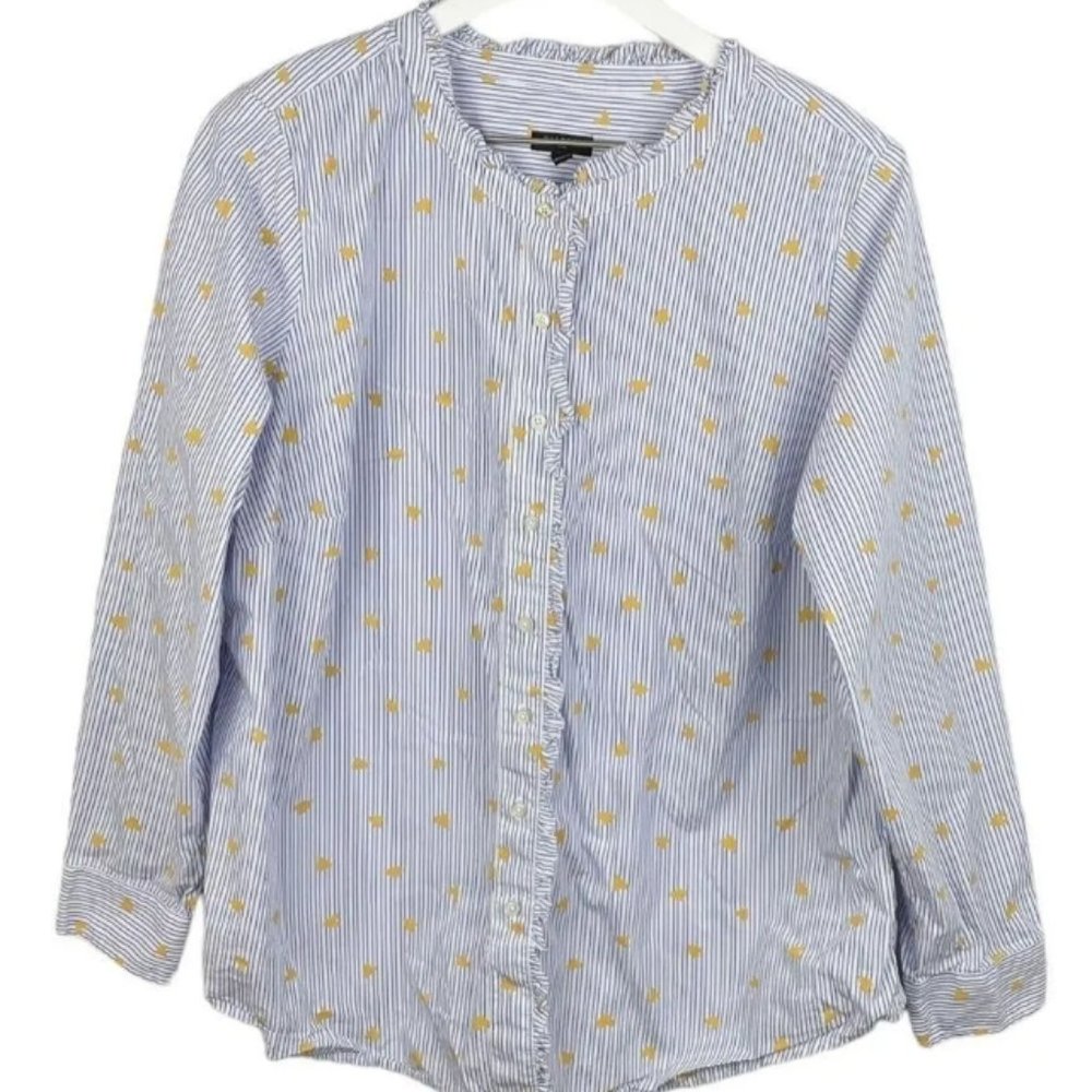 Talbots Ruffle Band Collar Cotton Poplin Button Down Striped Gold Heart Large